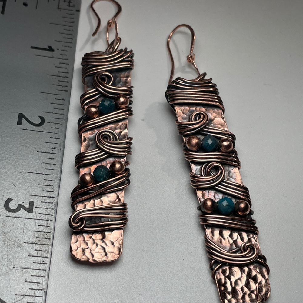 Long Copper and Teal Apatite Crystal Swirling Wire Wrapped Dangle Boho Earrings - Picture 7 of 11
